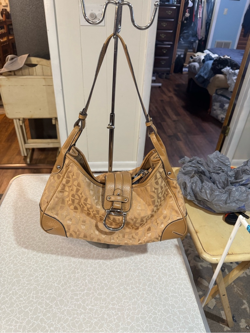 Etienne Aigner Tan Logo-Print Shoulder Bag with Buckle Hardware